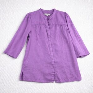LOFT Purple Band Collar Button Down Blouse 3/4 Sleeve Pleated Yoke Size M